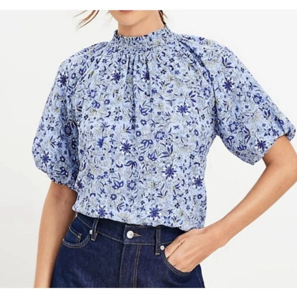 Ann Taylor LOFT Light Blue Floral Blouse Lg Puff Balloon Sleeve Cottage Core Top